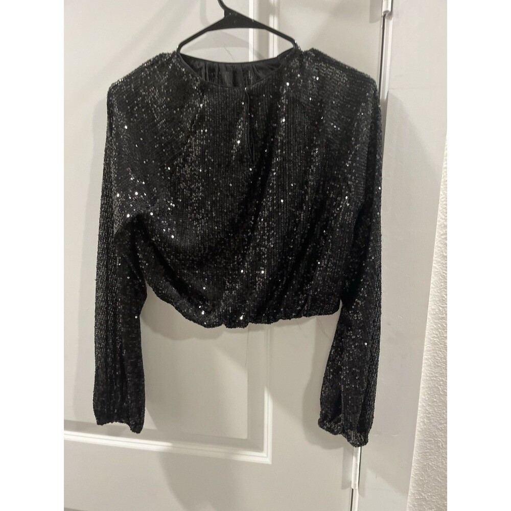 Sincerely Jules Sequin Top Black Long Sleeve Sheer Woman’s Sz S Keyhole Back NWT